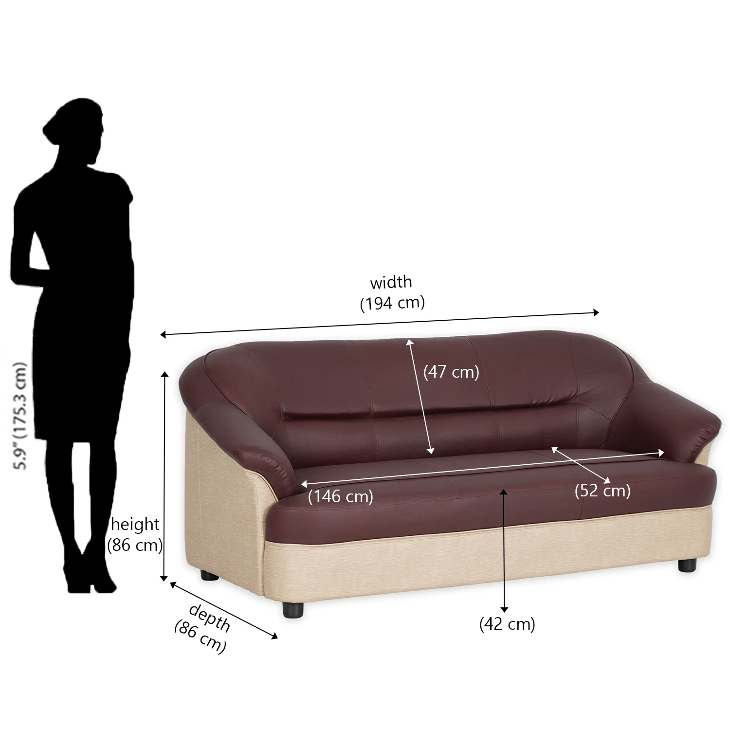 Nilkamal Bright 3 Seater Sofa (Maroon Beige) - Image 7