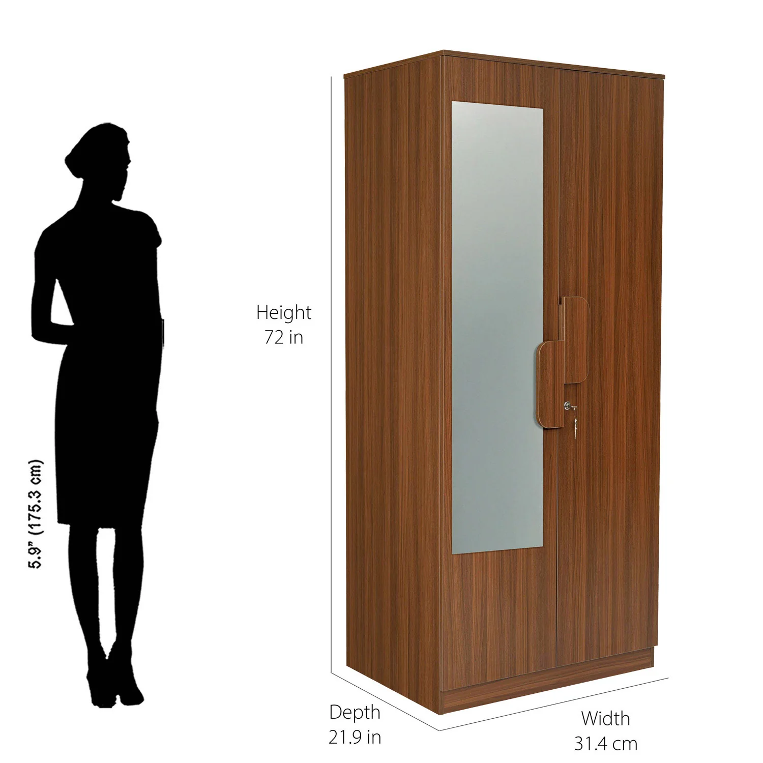 Nilkamal Calipso 2 Door Wardrobe With Mirror (Classic Plank Walnut) - Image 9