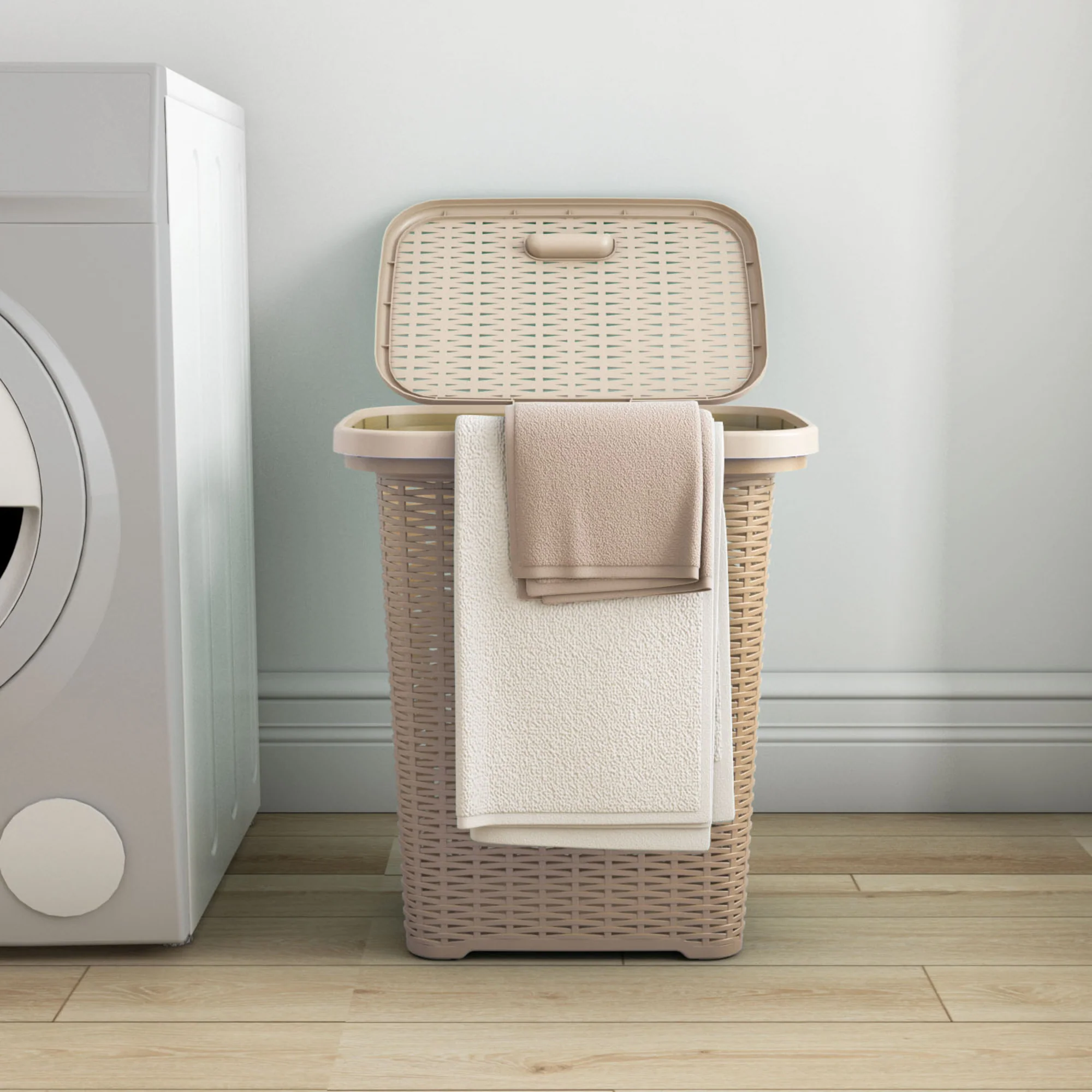 Nilkamal Elegance Laundry Basket 50 Litre with Lid (Sandy Brown & Marble Cream) - Image 2