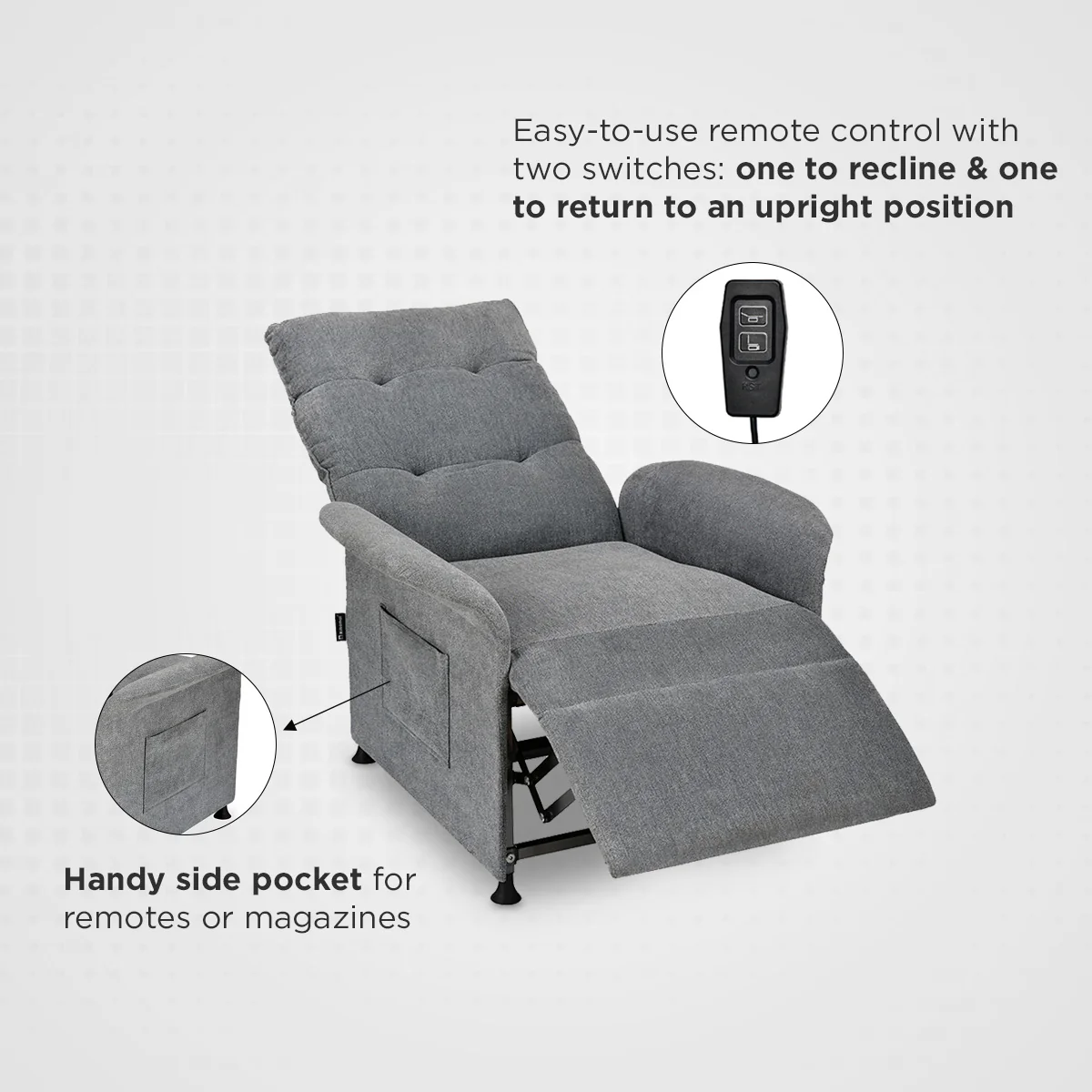 Nilkamal Electro 1 Seater Electric Recliner Sofa (Dark Grey) - Image 5