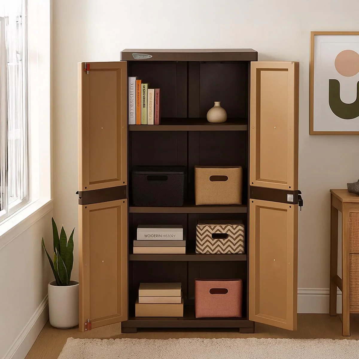Nilkamal Freedom Mini Medium (FMM) Plastic Cabinet/Bookshelf (Sandy & Dark Brown) - Image 3