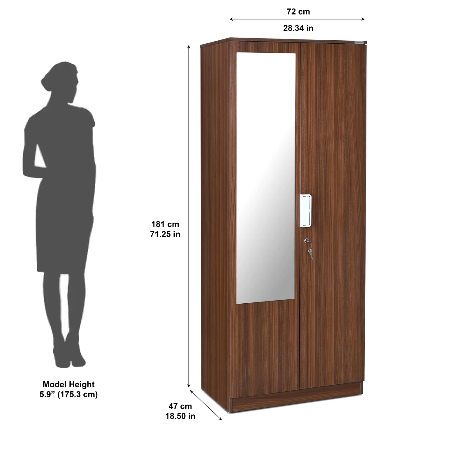 Nilkamal Joyce 2 Door Wardrobe With Mirror (Classic Walnut) - Image 9