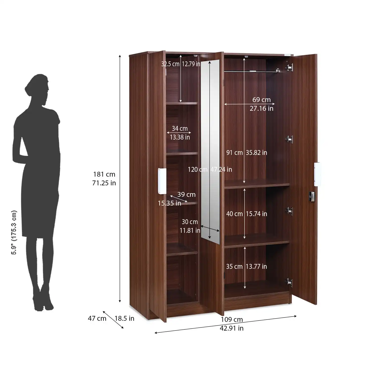 Nilkamal Joyce 3 Door Wardrobe With Mirror (Classic Walnut) - Image 12