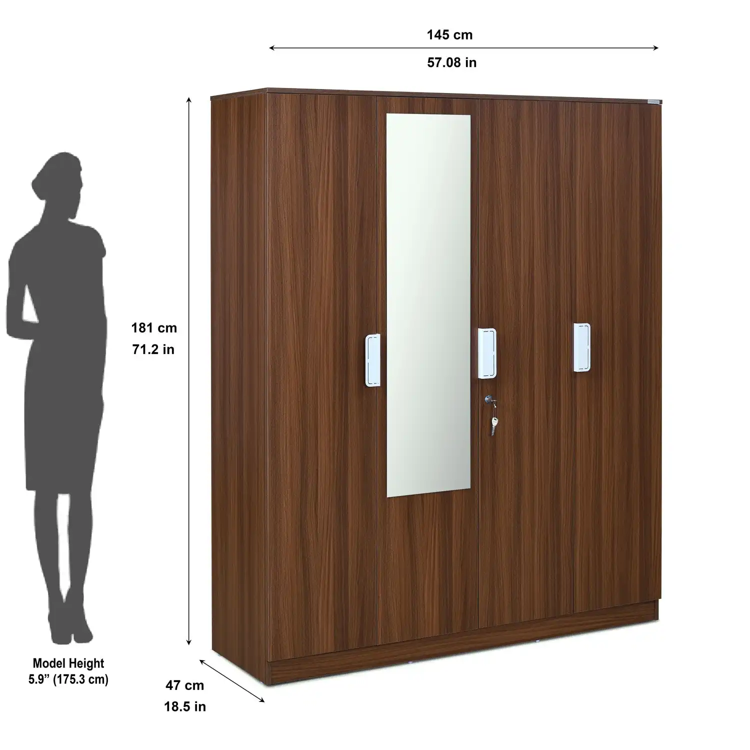 Nilkamal Joyce 4 Door Wardrobe With Mirror (Classic Walnut) - Image 8