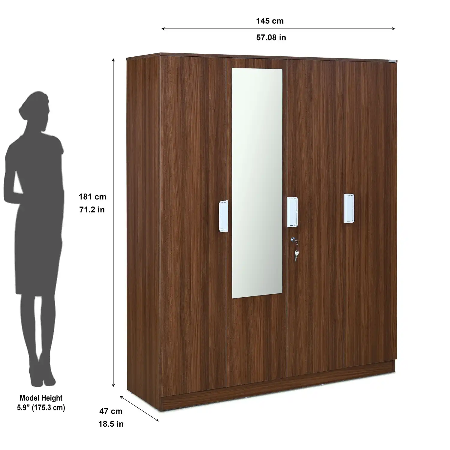 Nilkamal Joyce 4 Door Wardrobe With Mirror (Classic Walnut) - Image 9