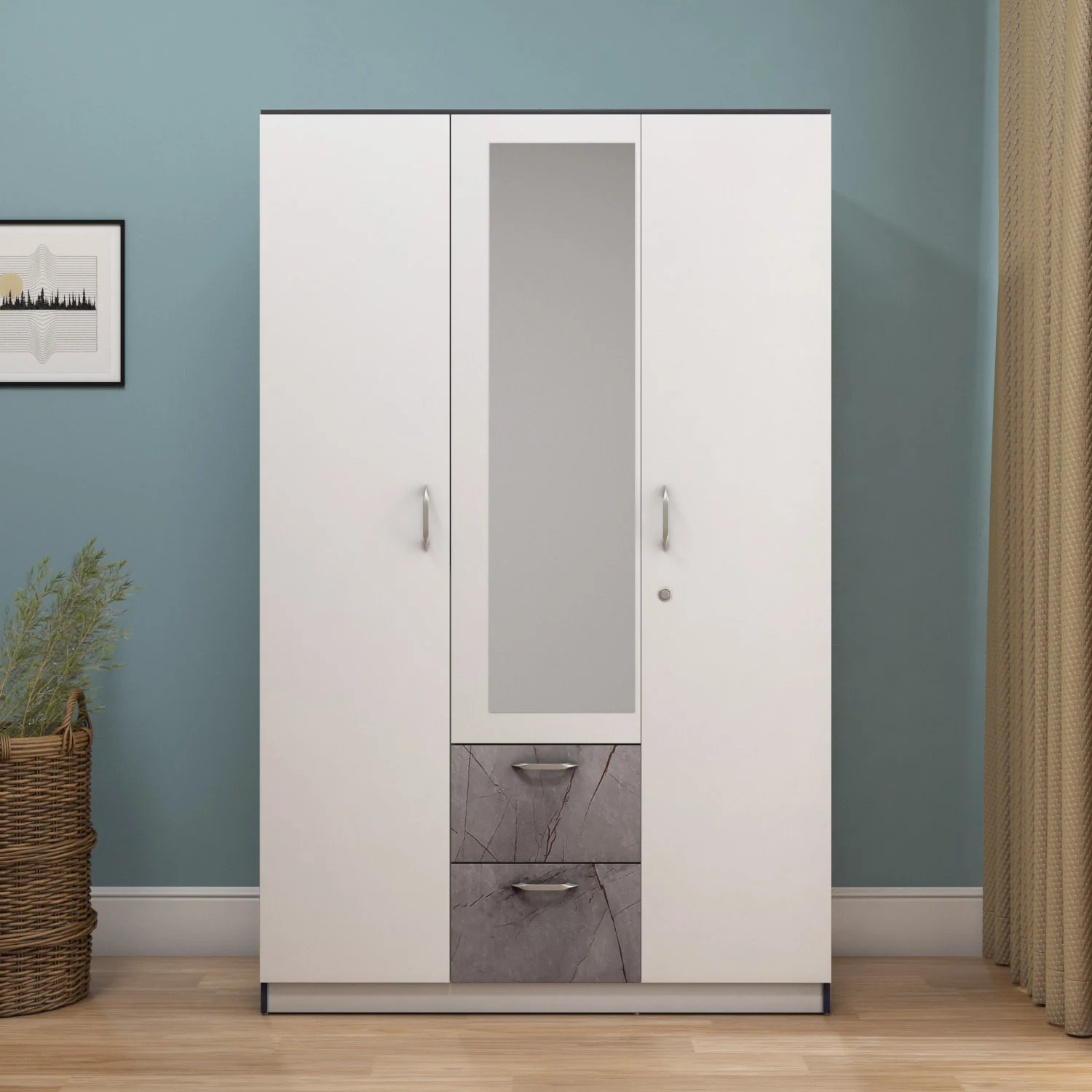Nilkamal Marbito 3 Door Wardrobe With Mirror (White) - Image 2