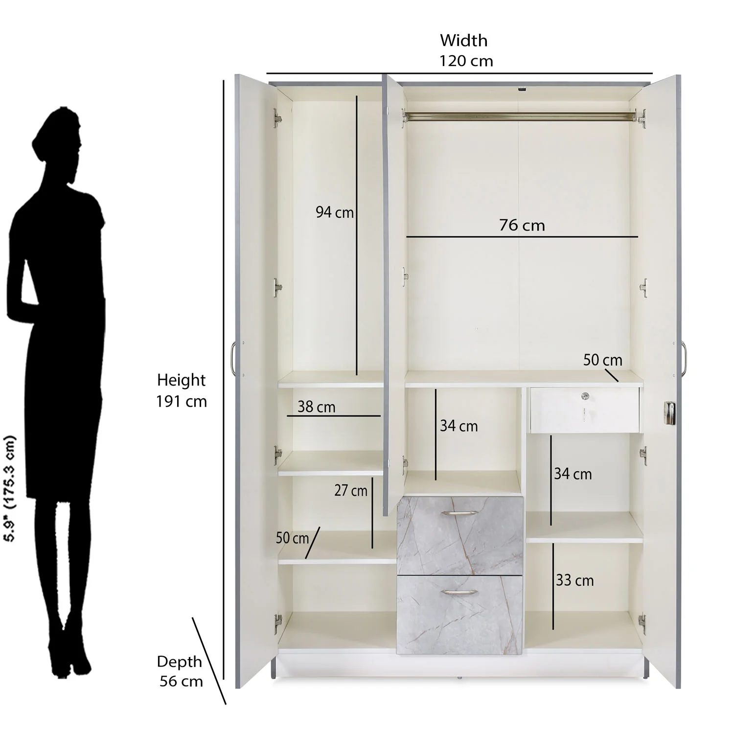 Nilkamal Marbito 3 Door Wardrobe With Mirror (White) - Image 9