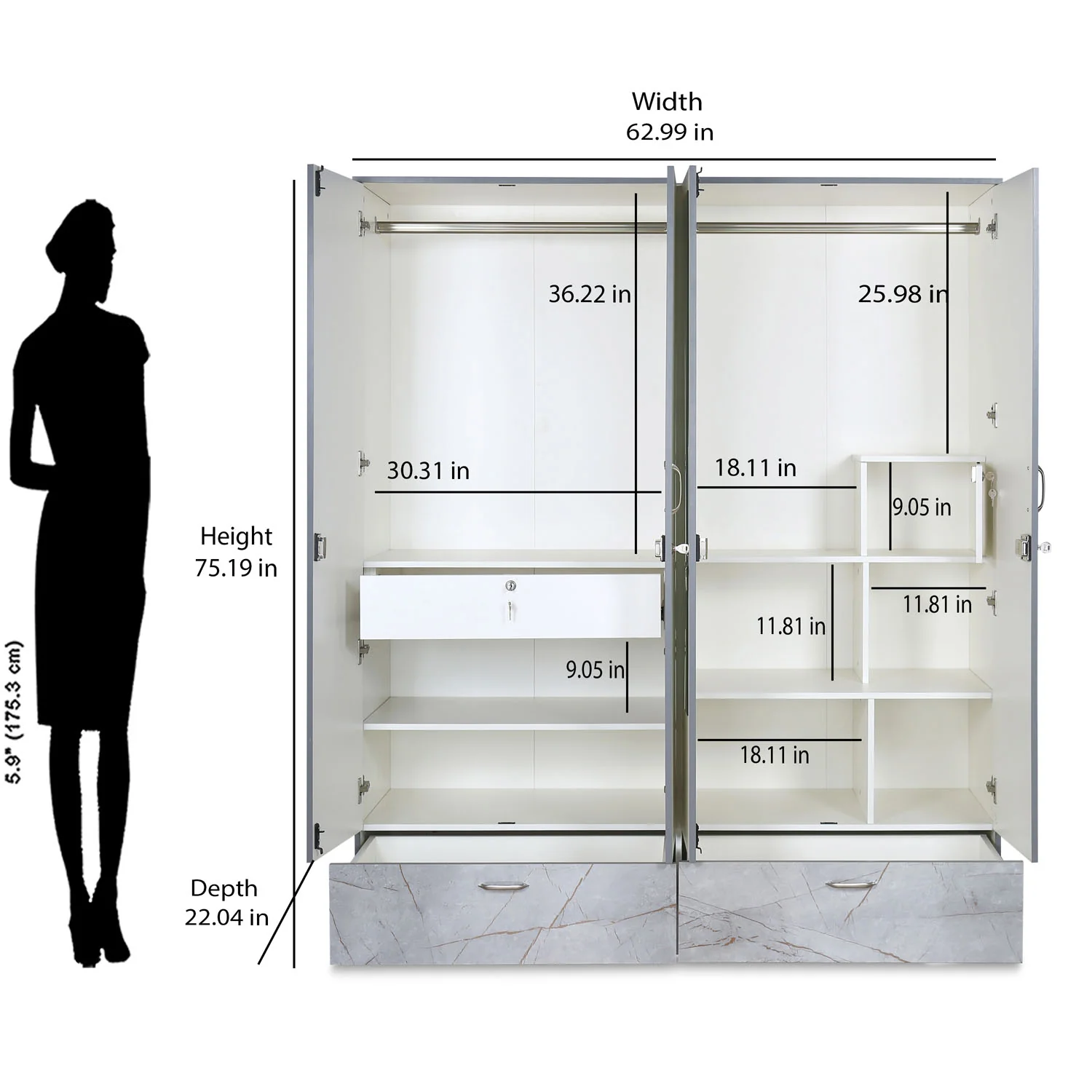 Nilkamal Marbito 4 Door Wardrobe With Mirror (White) - Image 13
