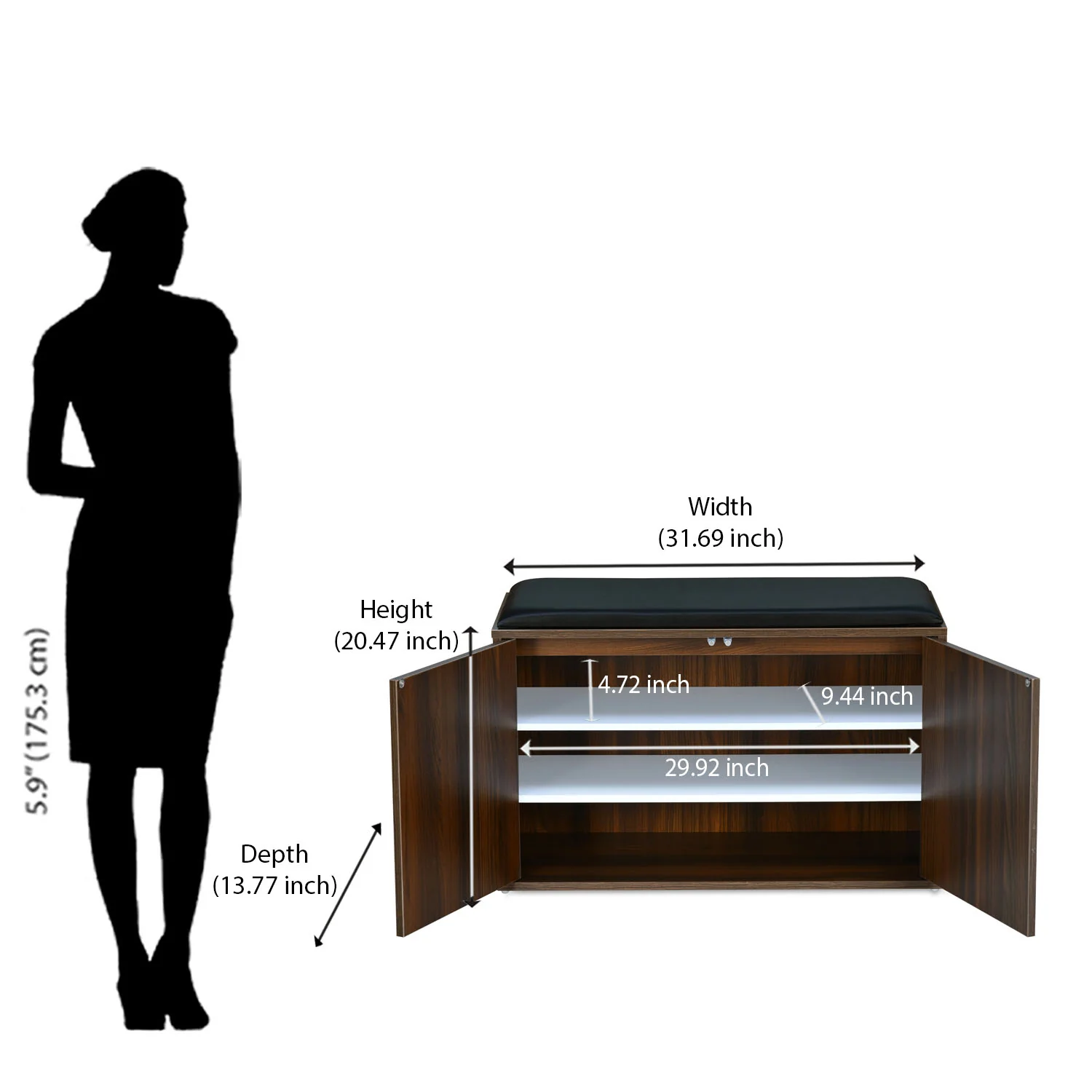 Nilkamal Metro 2 Door Engineered Wood Shoe Cabinet (Walnut) - Image 9