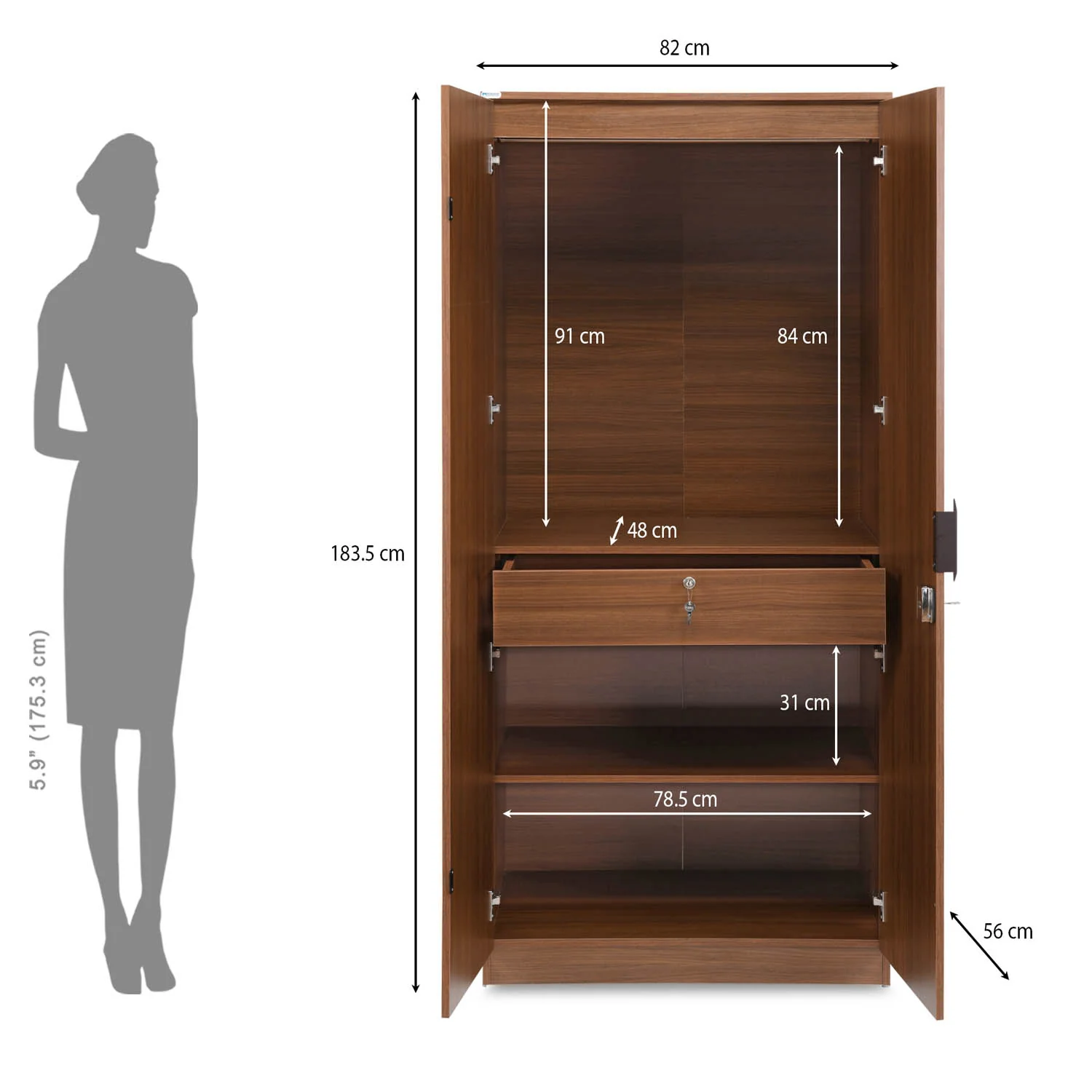 Nilkamal Milford 2 Door Wardrobe (Classic Walnut) - Image 11