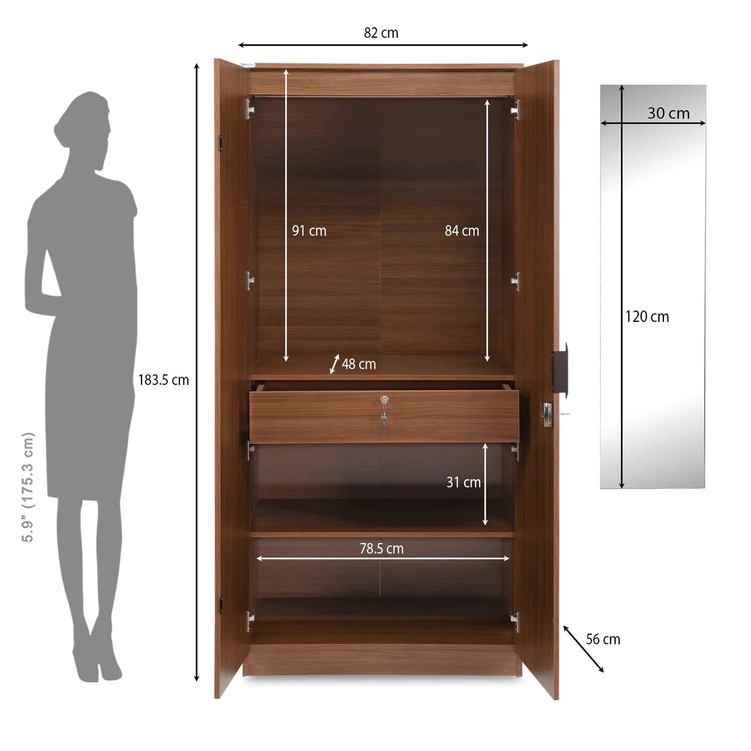 Nilkamal Milford 2 Door Wardrobe with Mirror (Classic Walnut) - Image 11