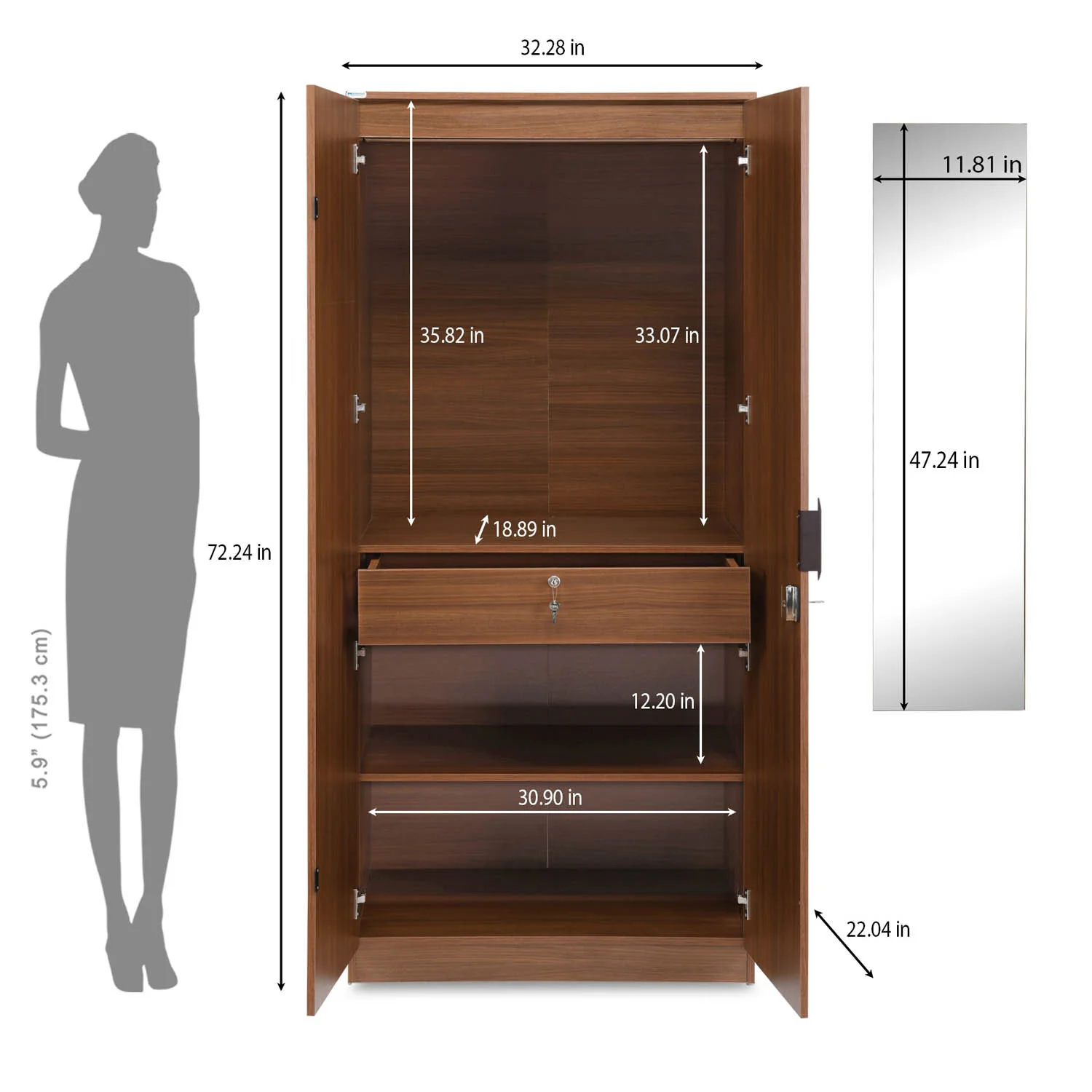 Nilkamal Milford 2 Door Wardrobe with Mirror (Classic Walnut) - Image 12