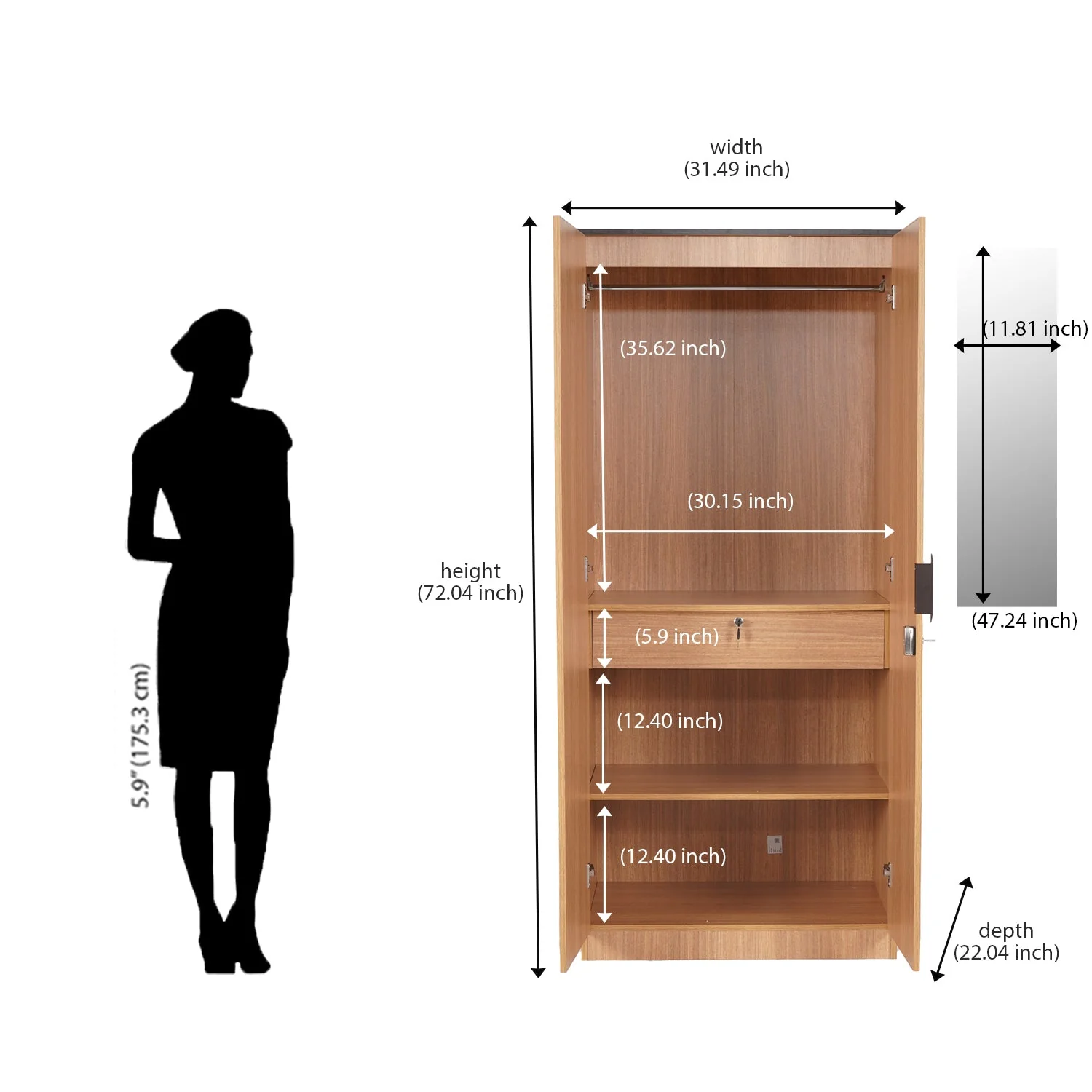Nilkamal Milford 2 Door Wardrobe With Mirror (Urban Teak) - Image 10