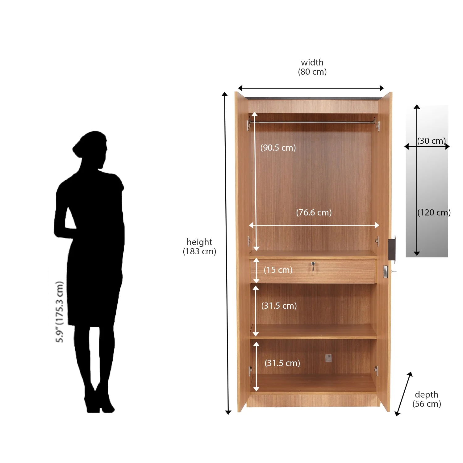 Nilkamal Milford 2 Door Wardrobe With Mirror (Urban Teak) - Image 9