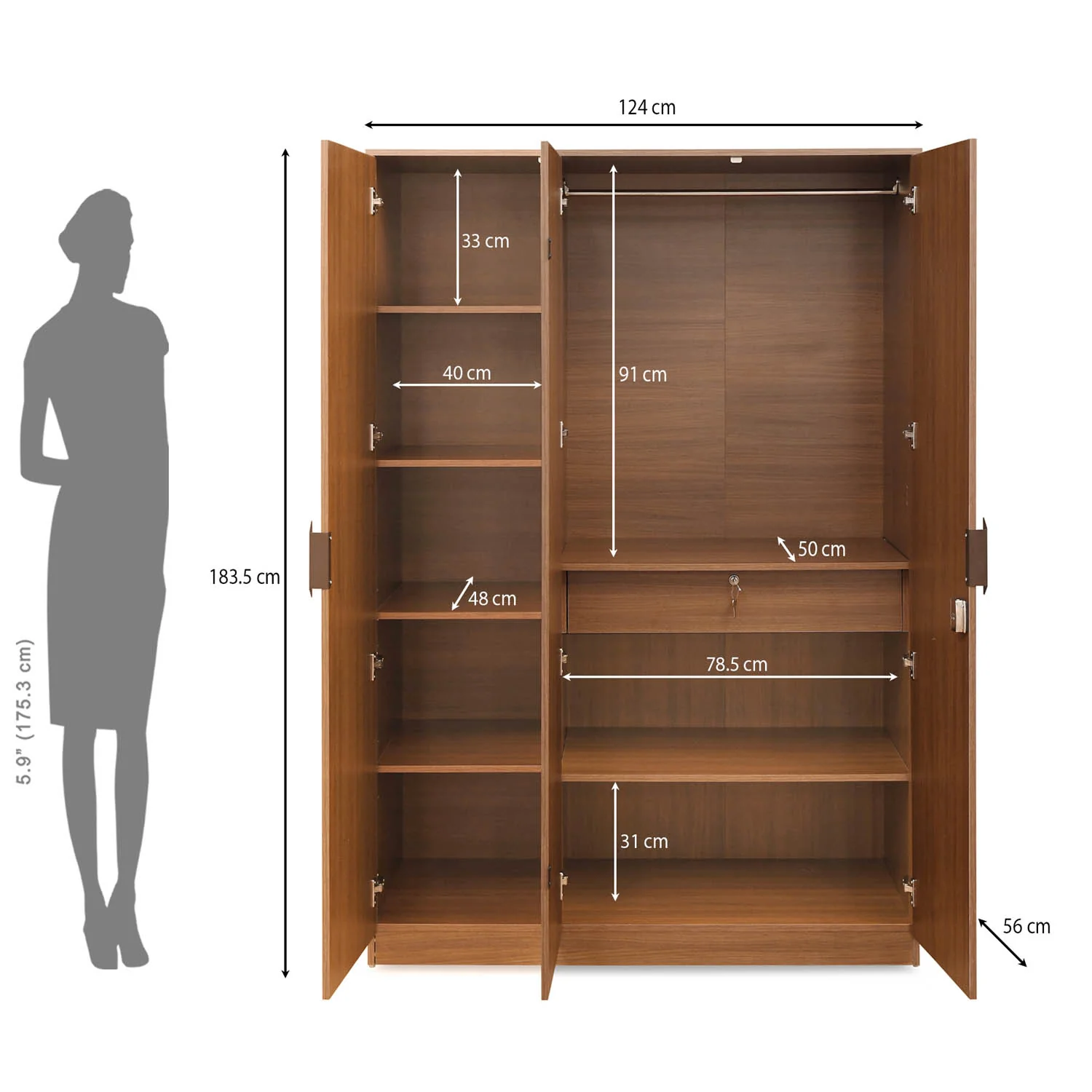 Nilkamal Milford 3 Door Wardrobe (Classic Walnut) - Image 9