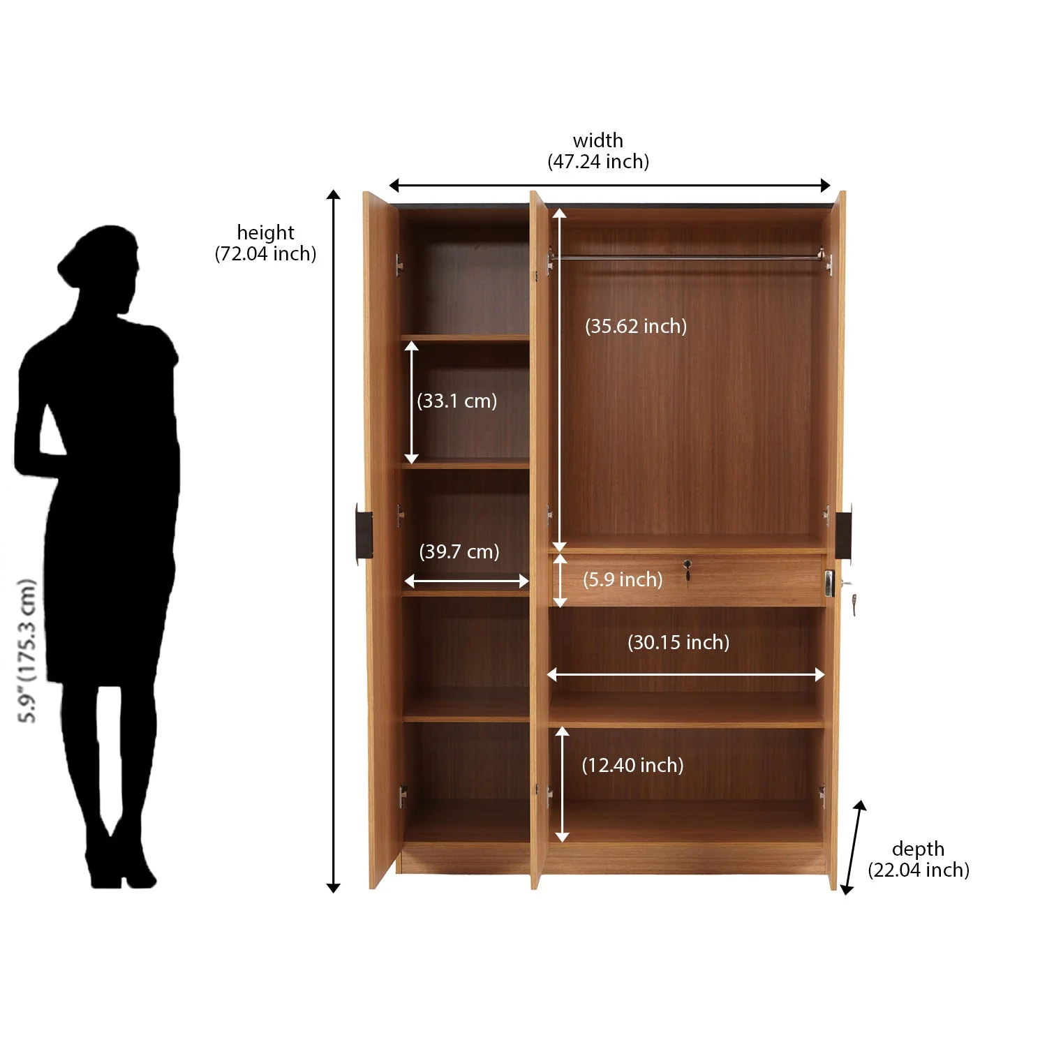 Nilkamal Milford 3 Door Wardrobe  (Urban Teak) - Image 11