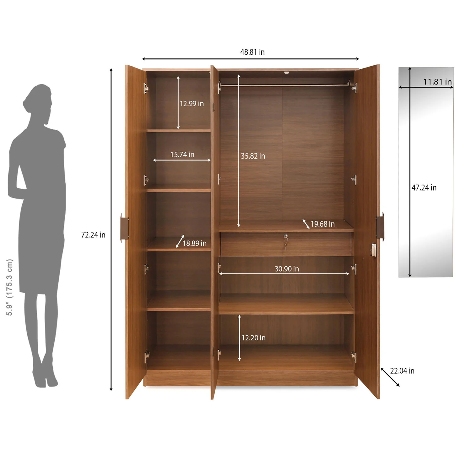 Nilkamal Milford 3 Door Wardrobe with Mirror (Classic Walnut) - Image 10
