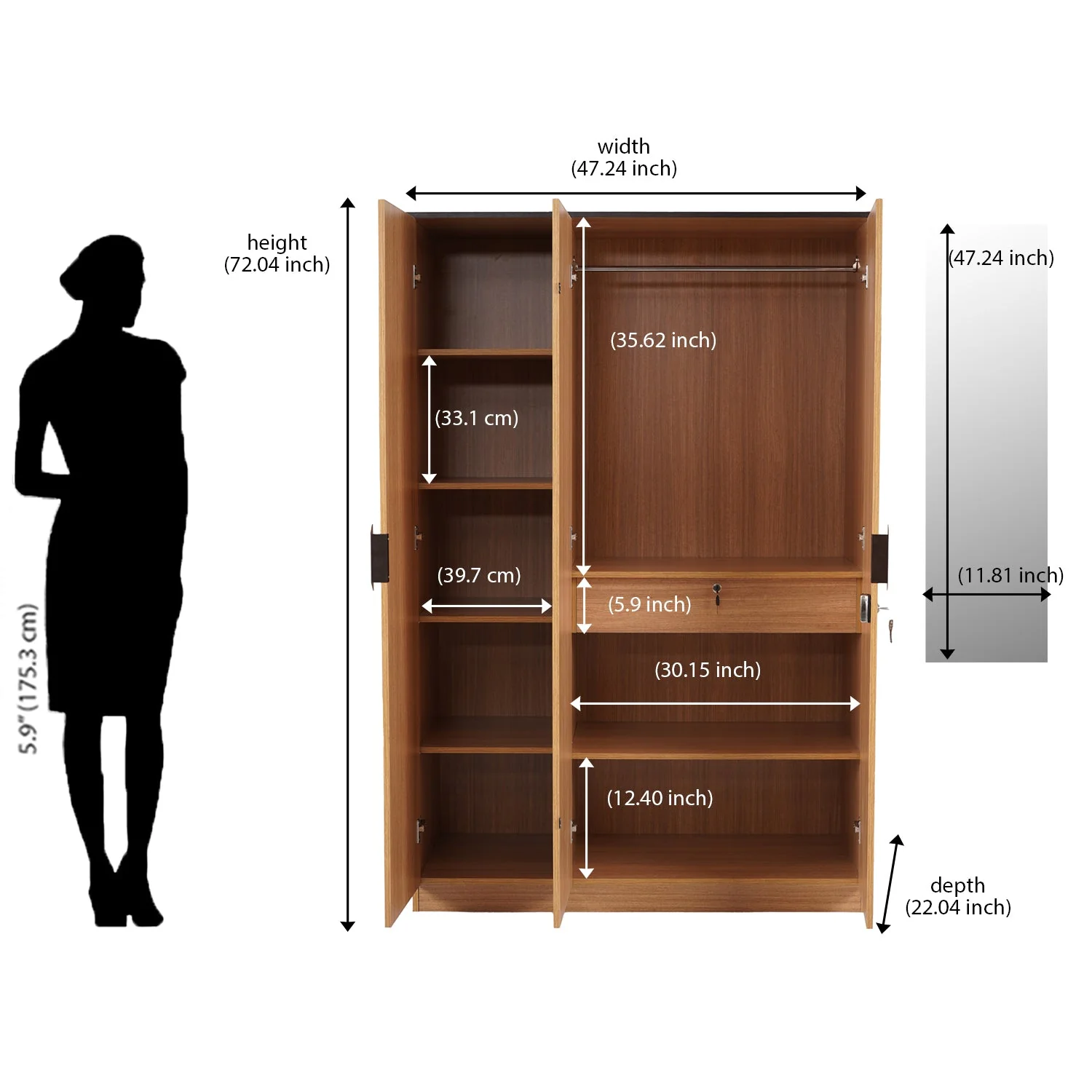 Nilkamal Milford 3 Door Wardrobe With Mirror (Urban Teak) - Image 11