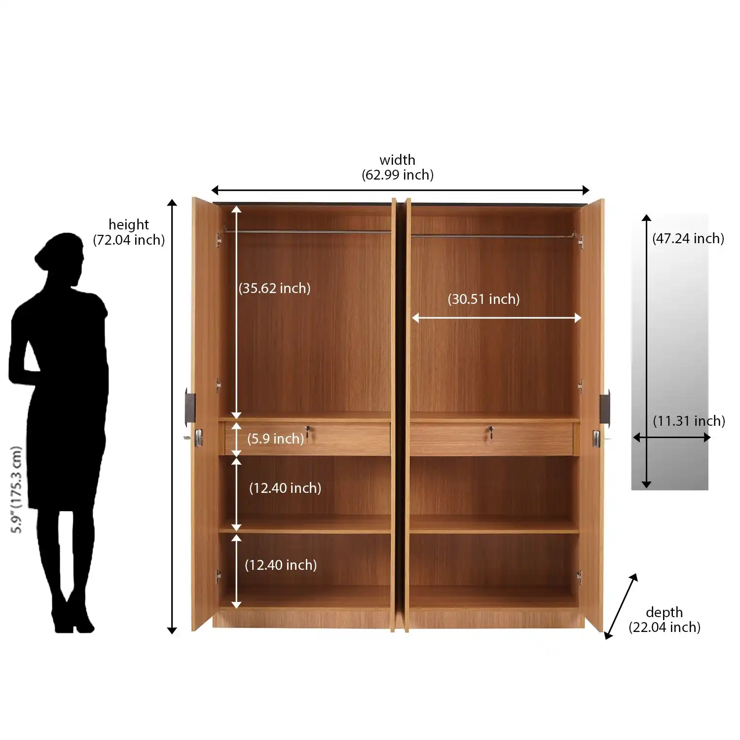 Nilkamal Milford 4 Door Wardrobe With Mirror (Urban Teak) - Image 10