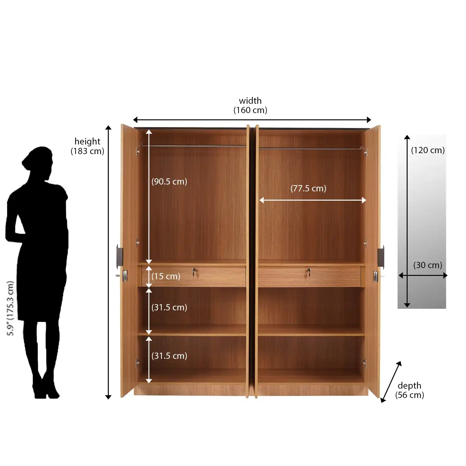 Nilkamal Milford 4 Door Wardrobe With Mirror (Urban Teak) - Image 9