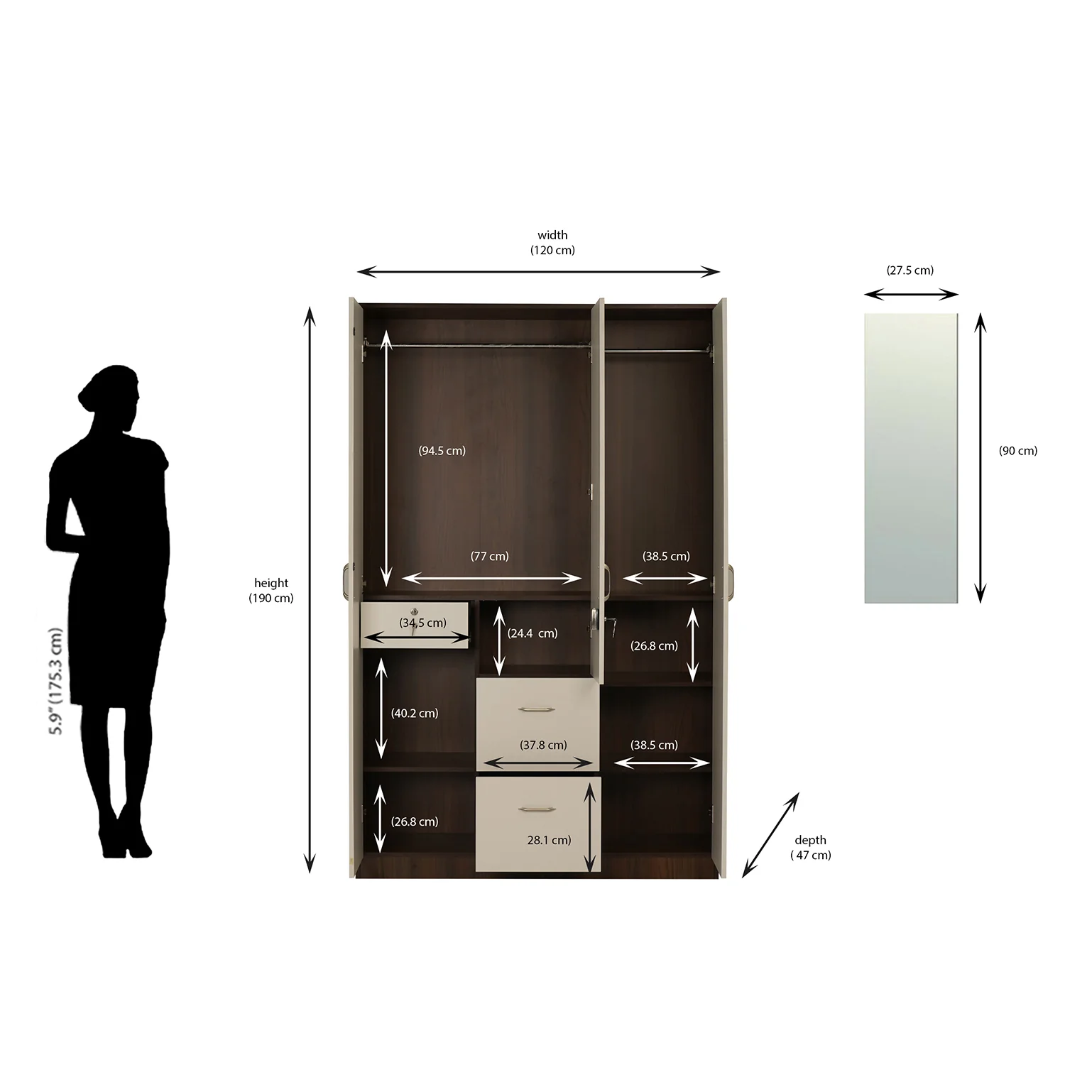 Nilkamal Mozart 3 Door Mirror Wardrobe (Walnut / White) - Image 10