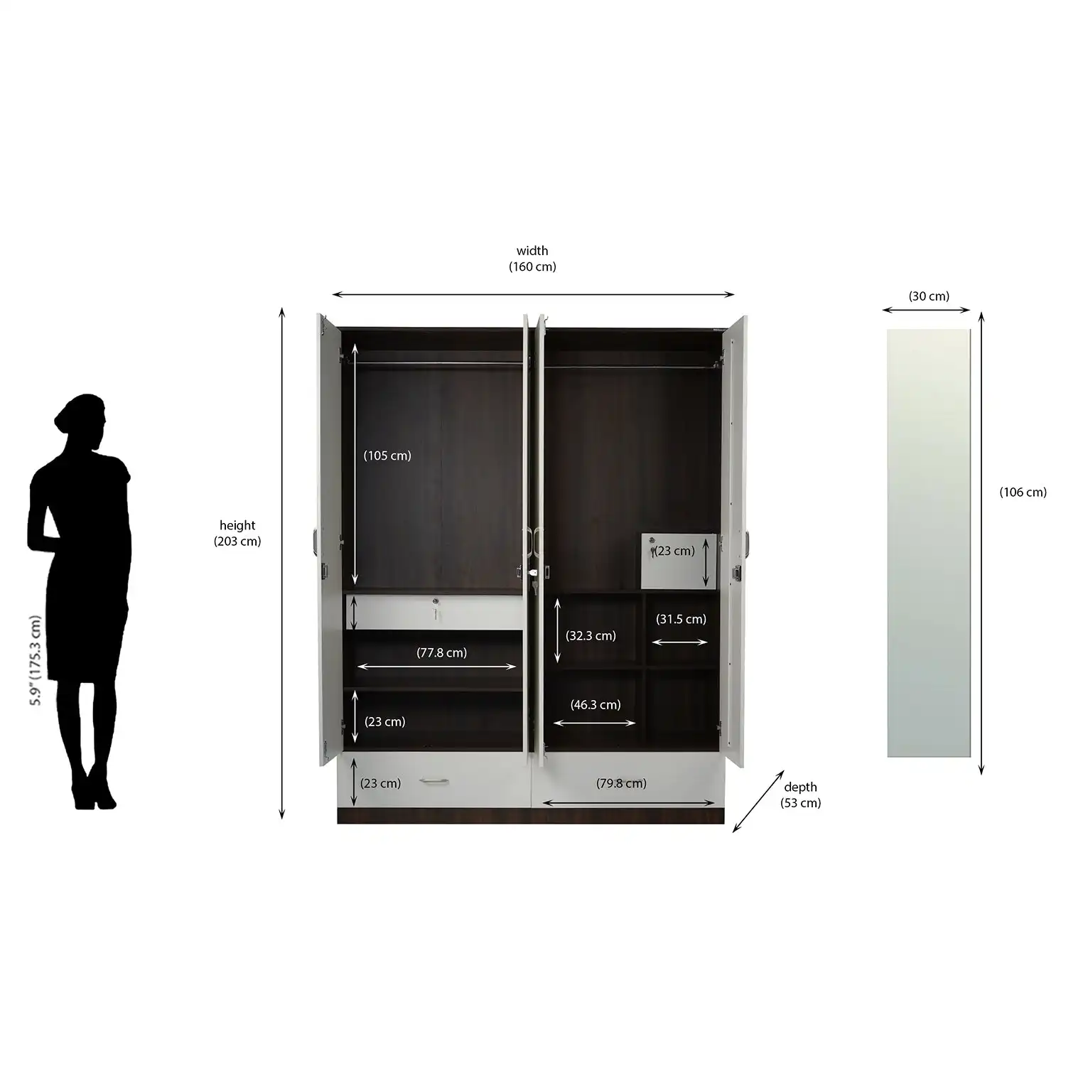 Nilkamal Mozart 4 Door Mirror Wardrobe (Walnut / White) - Image 8