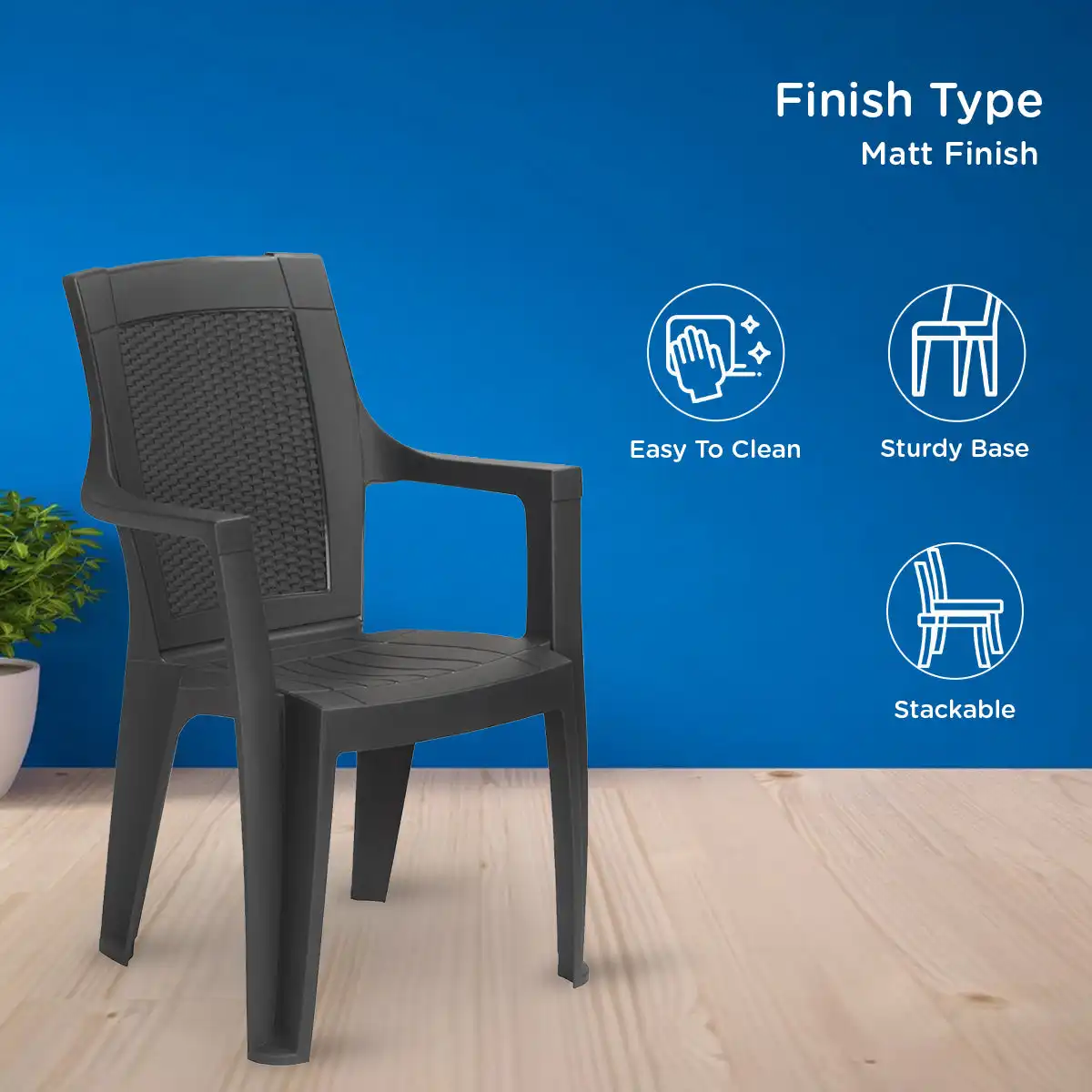 Nilkamal Mystique Plastic Arm Chair (Charcoal Grey) - Image 3