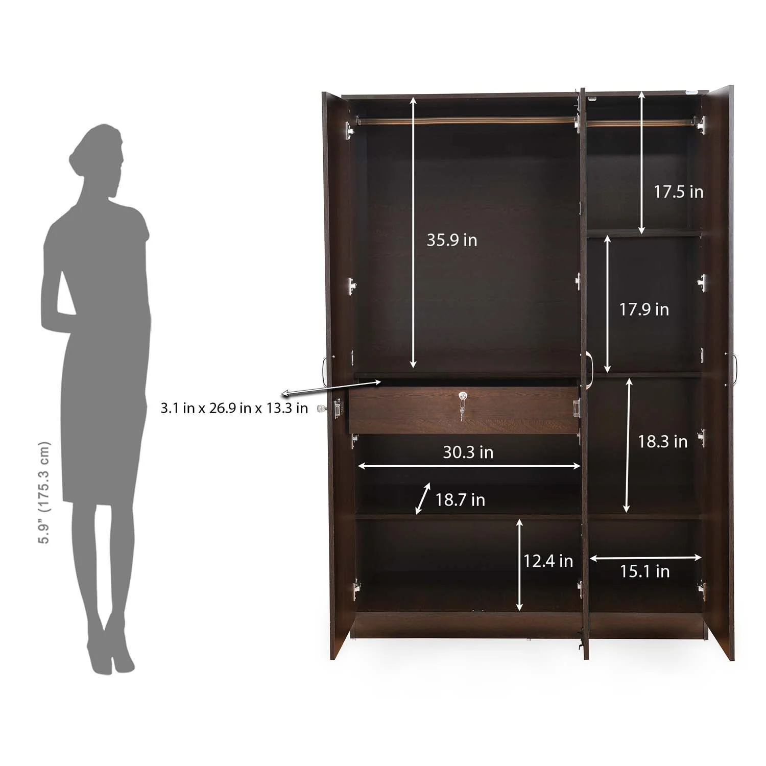 Nilkamal Riva 3 Door Wardrobe with Mirror (Wenge) - Image 15
