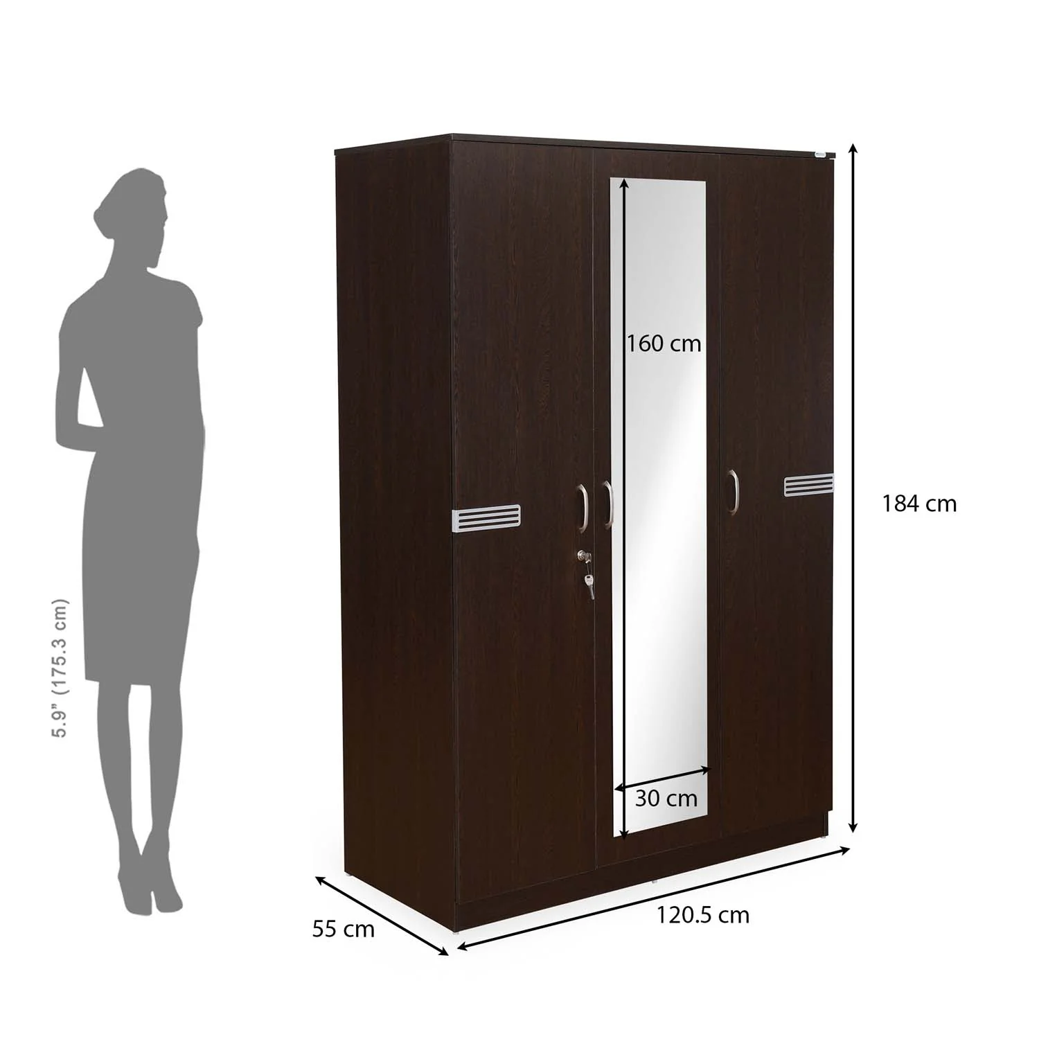 Nilkamal Riva 3 Door Wardrobe with Mirror (Wenge) - Image 5