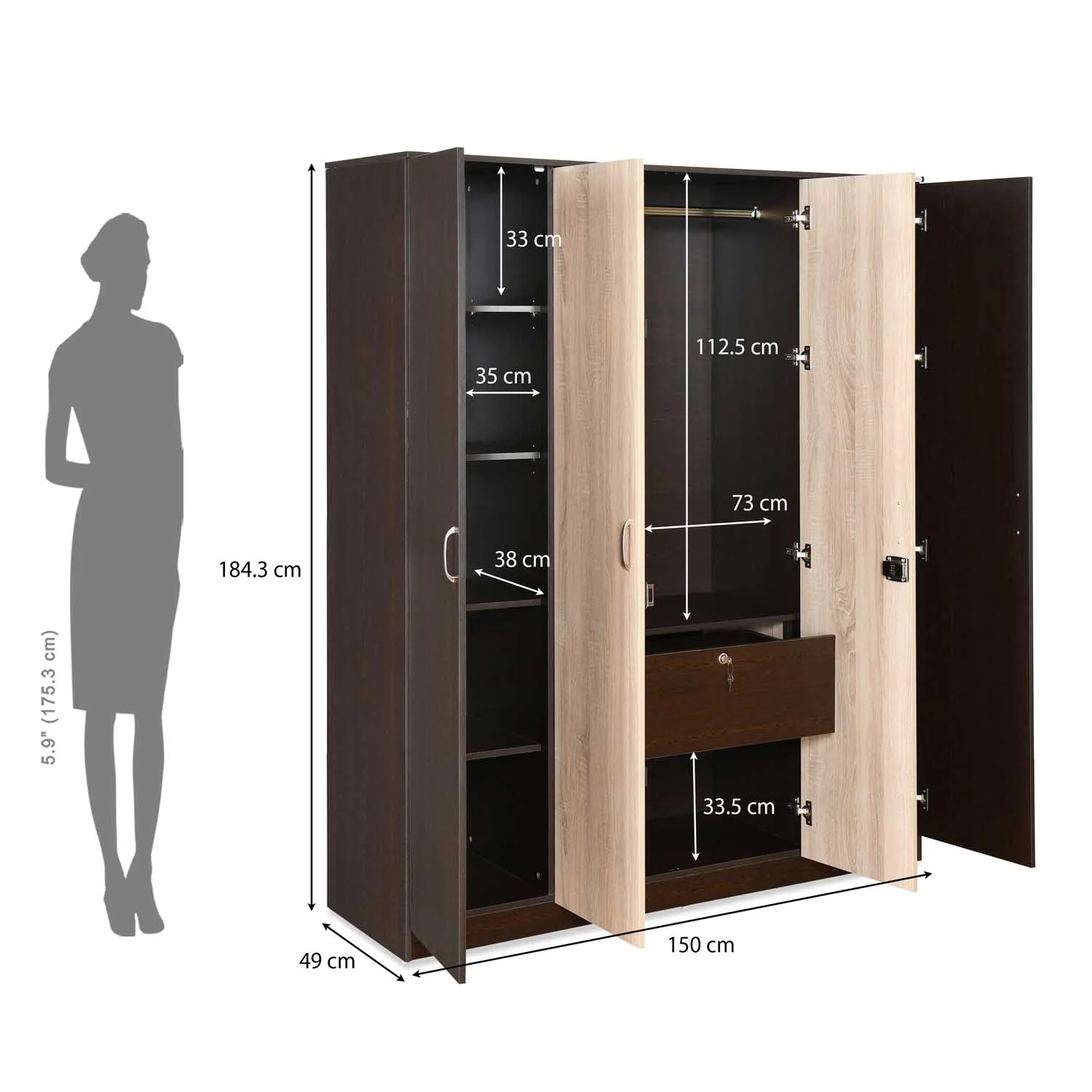Nilkamal Willy 4 Door Wardrobe without Mirror (Wenge & Sonoma Oak) - Image 4
